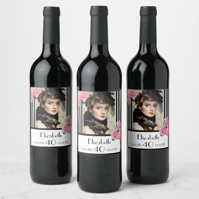 40th birthday black white stripes floral photo wine label (Bottles)
