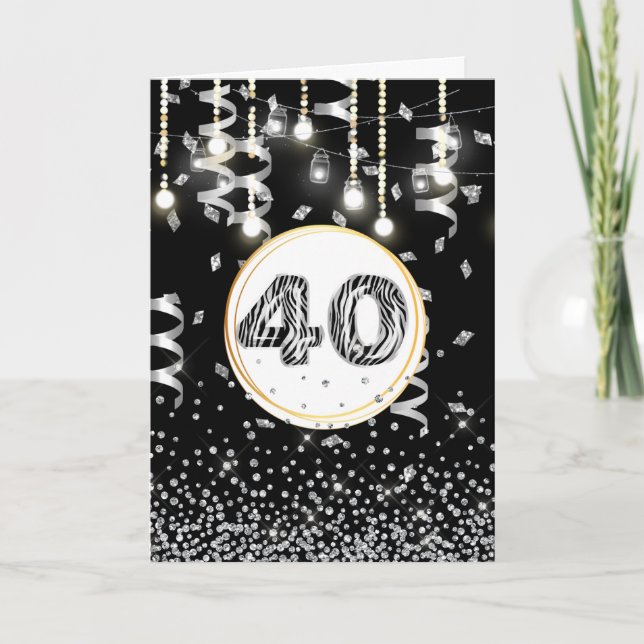 40th birthday black white zebra glitter lights card (Front)