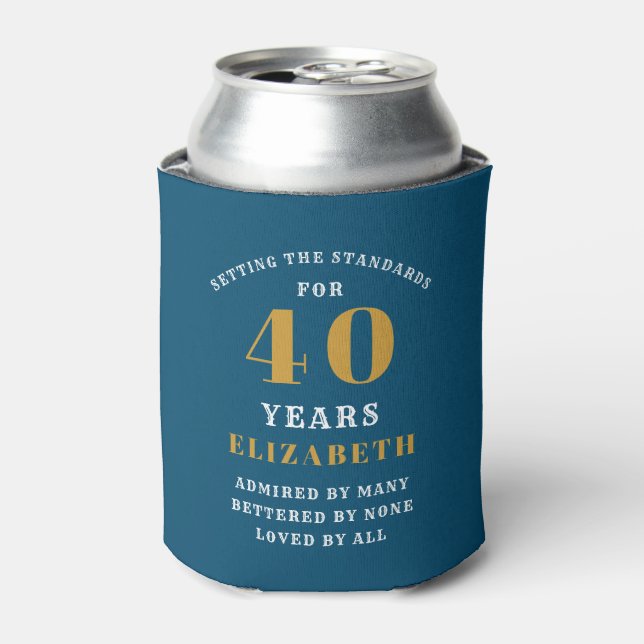 40th Birthday Blue And Gold Add Your Name Can Cooler (Can Front)