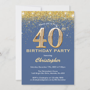40th Birthday Blue and Gold Glitter Confetti Invitation