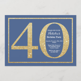 40th Birthday Blue and Gold Glitter Invitation