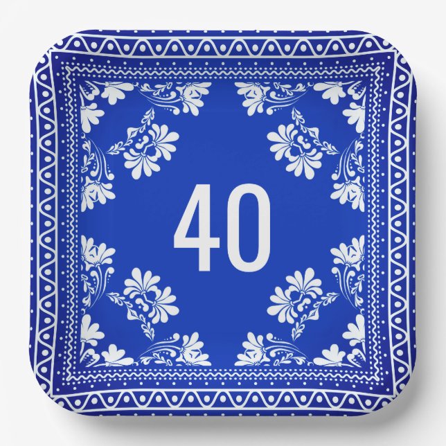 40th Birthday Blue Bandana   Paper Plate (Front)