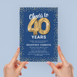 40th Birthday Blue Gold Invitation<br><div class="desc">Elegant fortieth birthday party invitation featuring a trendy blue background that can be changed to any colour,  gold sparkly glitter,  forty gold hellium balloons,  and a modern 40th birthday celebration text template that is easy to personalize.</div>