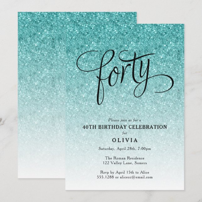 40th Birthday Blue Ombre Glitter Invitation (Front/Back)