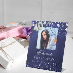 40th Birthday blue silver stars photo welcome Pedestal Sign<br><div class="desc">A welcome sign for a 40th birthday party.  A navy blue background with elegant faux silver stars. The blue colour is uneven.  Personalize and add a photo,  name and text.  White letters.</div>