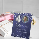 40th Birthday blue silver stars photo welcome Pedestal Sign<br><div class="desc">A welcome sign for a 40th birthday party.  A navy blue background with elegant faux silver stars. The blue colour is uneven.  Personalize and add a photo,  name and text.  White letters.</div>