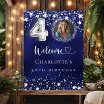 40th Birthday blue silver stars photo welcome Poster<br><div class="desc">A welcome poster for a 40th birthday party.  A navy blue background with elegant faux silver stars. The blue colour is uneven.  Personalize and add a photo,  name and text.  White letters.</div>