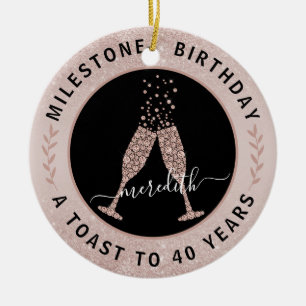  40th Birthday Blush Glitter Champagne Toast Name Ceramic Ornament