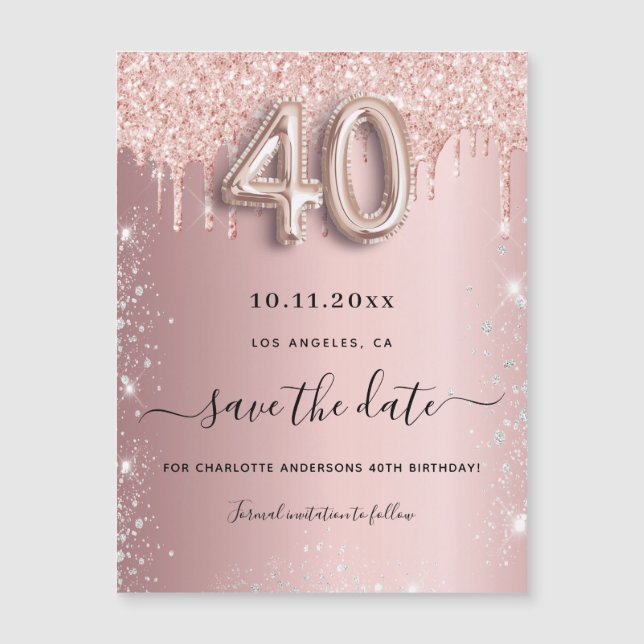 40th birthday blush glitter save the date magnet (Front)