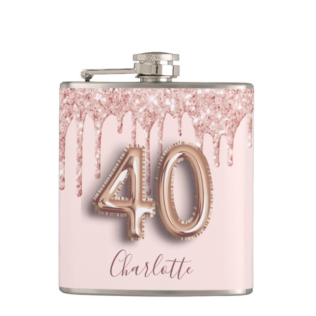 40th birthday blush rose gold glitter drips name hip flask (Front)
