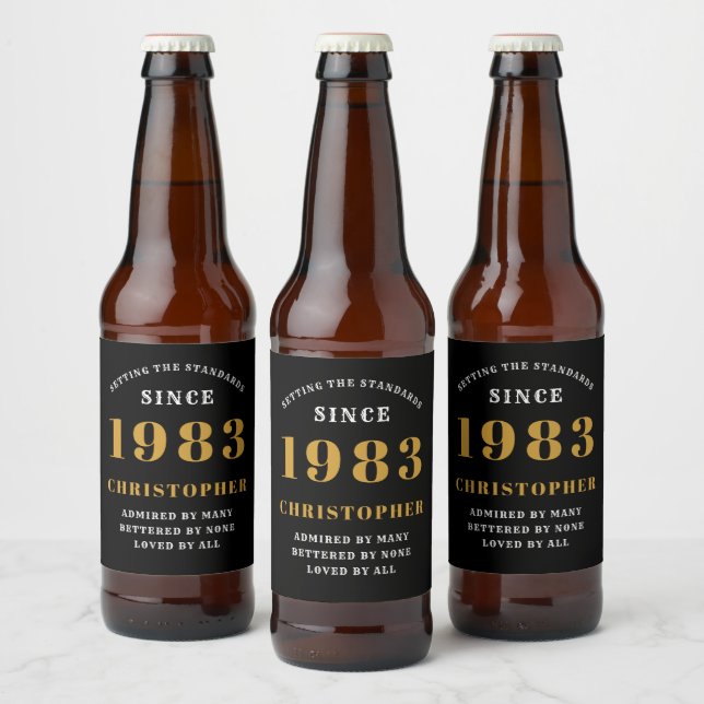 40th Birthday Born 1983 Add Name Black Gold Beer Bottle Label (Bottles)