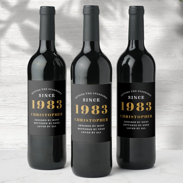 40th Birthday Born 1983 Add Name Black Gold Wine Label (Creator Uploaded)