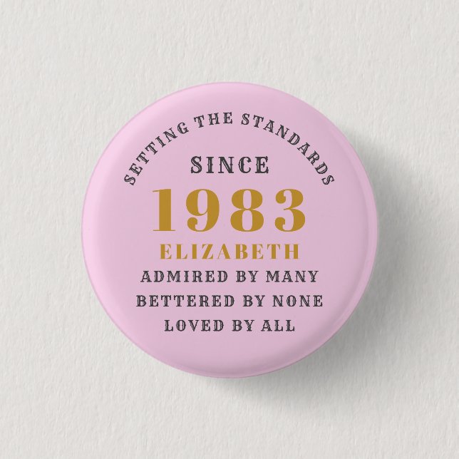 40th Birthday Born 1983 Add Name Pink Gray 1 Inch Round Button (Front)