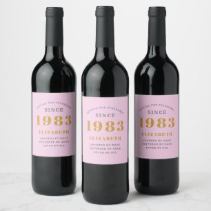 40th Birthday Born 1983 Add Name Pink Grey Wine Label