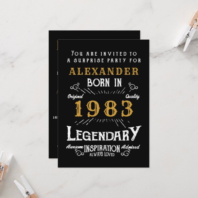 40th Birthday Born 1983 Black Gold Retro Invitation (Front/Back In Situ)