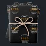 40th Birthday born 1985 Add Name Black Gold Wrapping Paper Sheet<br><div class="desc">A personalized wrapping paper design for that birthday celebration for a special person. Add the name to this vintage retro style black and gold design for a custom birthday gift. Easily edit the name and year with the template provided. A wonderful custom birthday gift. More gifts and party supplies for...</div>