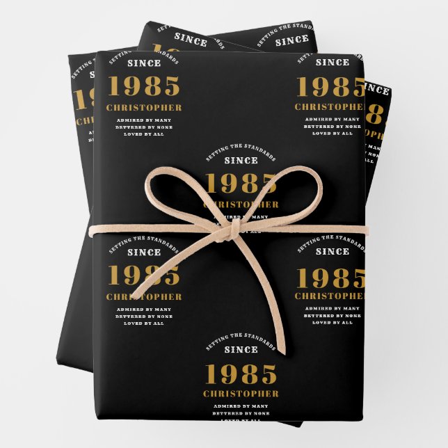 40th Birthday born 1985 Add Name Black Gold Wrapping Paper Sheet (In situ)