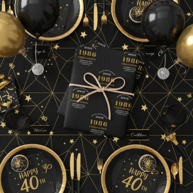 40th Birthday born 1986 Add Name Black Gold Wrapping Paper Sheet (Black and gold 1986 wrapping paper)
