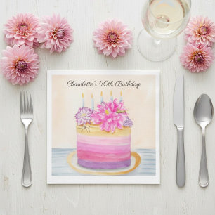 40th Birthday Cake with Dahlia and Garden Insect   Napkin