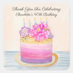 40th Birthday Cake with Dahlia and Garden Insect   Square Sticker