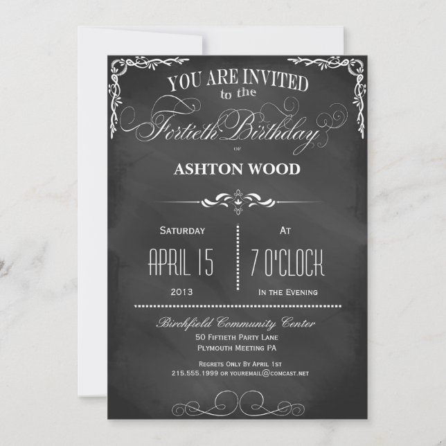 40th Birthday Chalkboard Typography Party Invite (Front)