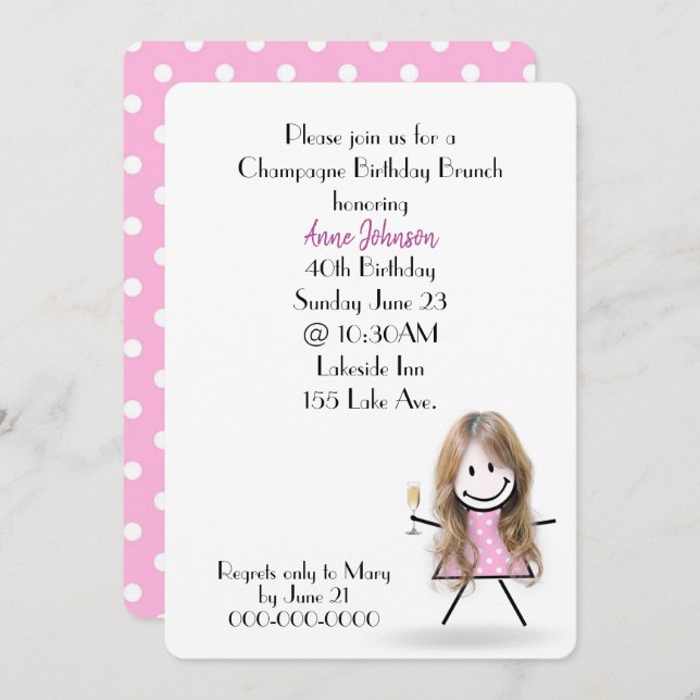 40th Birthday Champagne Brunch Stick Girl Invitation (Front/Back)