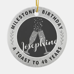  40th Birthday Champagne Toast Name Silver Grey Ceramic Ornament
