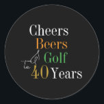 40th Birthday Cheers and Beers Golf Black and Gold Classic Round Sticker<br><div class="desc">This is a cool and modern, 40th birthday, golf party design. It is a simple, minimal design, in classic black and gold typography with pops of orange and green. Perfect for a cool and fun, golf and beer themed, 40th birthday party. This design is fully customizable, simply use the personalize...</div>