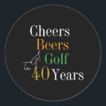 40th Birthday Cheers and Beers Golf Black and Gold Classic Round Sticker<br><div class="desc">This is a cool and modern, 40th birthday, golf party design. It is a simple, minimal design, in classic black and gold typography with pops of orange and green. Perfect for a cool and fun, golf and beer themed, 40th birthday party. This design is fully customizable, simply use the personalize...</div>