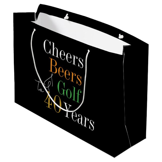 40th Birthday Cheers and Beers Golf Black and Gold Large Gift Bag (Back Angled)