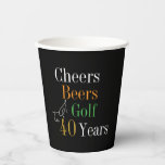 40th Birthday Cheers and Beers Golf Black and Gold Paper Cups<br><div class="desc">This is a cool and modern, 40th birthday, golf party design. It is a simple, minimal design, in classic black and gold typography with pops of orange and green. Perfect for a cool and fun, golf and beer themed, 40th birthday party. This design is fully customizable, simply use the personalize...</div>
