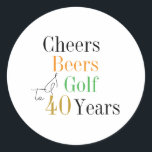 40th Birthday Cheers and Beers Golf Party Classic Round Sticker<br><div class="desc">This is a cool and modern, 40th birthday, golf party design. It is a simple, minimal design, in classic black and white, with pops of orange and gold coloured typography. Perfect for a cool and fun, golf and beer themed, 40th birthday party. This design is fully customizable, simply use the...</div>