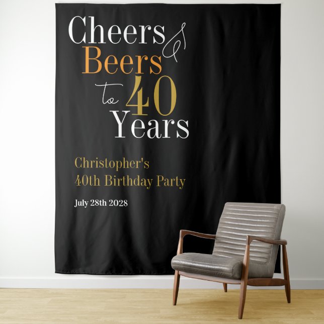 40th Birthday Cheers and Beers Party Backdrop Tapestry (In Situ)