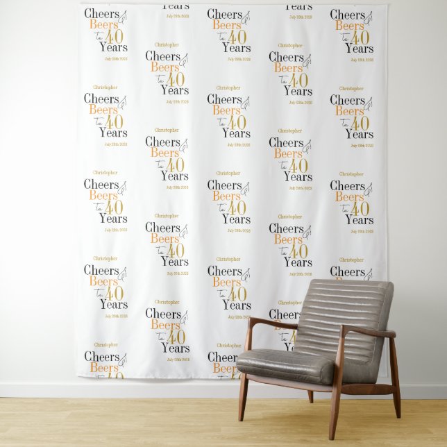 40th Birthday Cheers Beers Minimal Party Backdrop Tapestry (In Situ)