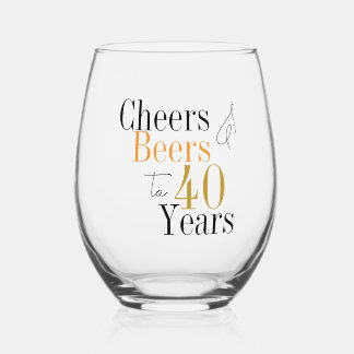 40th Birthday Cheers Beers Minimal Party Stemless Wine Glass