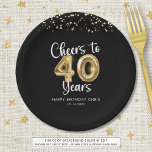 40th Birthday Cheers to 40 Years Black Gold Paper Plate<br><div class="desc">Celebrate a 40th birthday for him or her with these modern and festive personalized party paper plates featuring the title CHEERS TO 40 YEARS with faux metallic gold balloon numbers and script typography, gold confetti and your custom text in your choice of background colour (shown in black). ASSISTANCE: For help...</div>