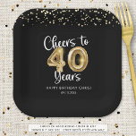 40th Birthday Cheers to 40 Years Black Gold Paper Plate<br><div class="desc">Celebrate a 40th birthday for him or her with these modern and festive personalized party paper plates featuring the title CHEERS TO 40 YEARS with faux metallic gold balloon numbers and script typography, gold confetti and your custom text in your choice of background colour (shown in black). ASSISTANCE: For help...</div>