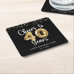 40th Birthday Cheers to 40 Years Black Gold Square Paper Coaster<br><div class="desc">Celebrate a 40th birthday for him or her with these modern and festive personalized party coasters featuring the title CHEERS TO 40 YEARS with faux metallic gold balloon numbers and script typography, gold confetti and your custom text in your choice of background colour (shown in black). ASSISTANCE: For help with...</div>