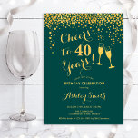 40th Birthday - Cheers To 40 Years Emerald Green Invitation<br><div class="desc">40th Birthday Invitation. Cheers To 40 Years! Elegant design in emerald green and gold. Features champagne glasses,  script font and confetti. Perfect for a stylish fortieth birthday party. Personalize with your own details. Can be customized to show any age.</div>