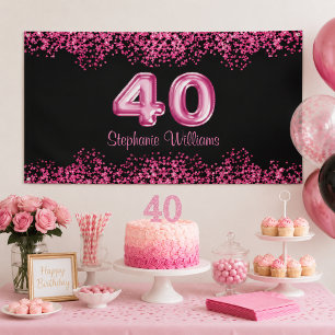 40th Birthday Chic Black Pink Faux Glitter Party Banner