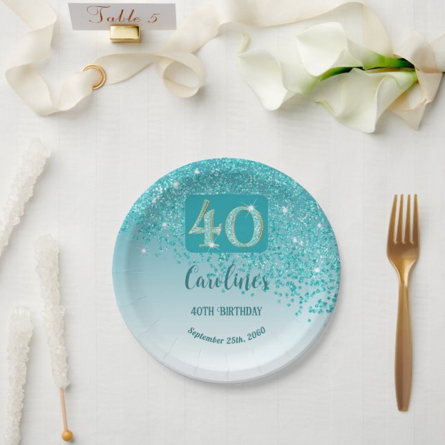 40th Birthday Chic Falling Teal Blue Glitter Paper Plate (Wedding)