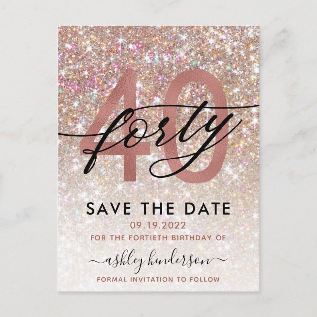 40th Birthday Chic Glitter Ombre Save The Date Postcard (Front)