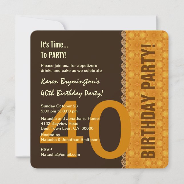 40th Birthday Chocolate and Gold with Lace V04B Invitation (Front)