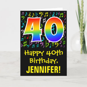 40th Birthday: Colorful Music Symbols + Rainbow 40 Card