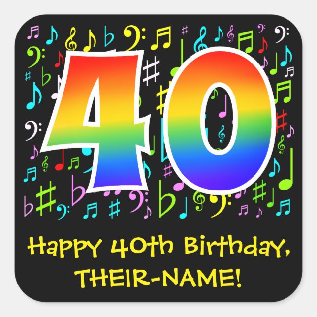40th Birthday: Colourful Music Symbols, Rainbow 40 Square Sticker (Front)