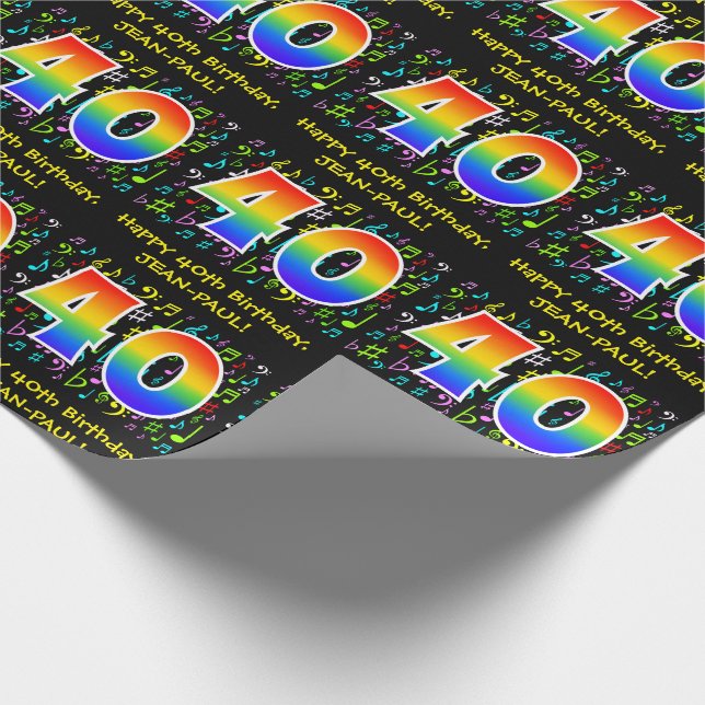 40th Birthday: Colourful Music Symbols, Rainbow 40 Wrapping Paper (Corner)