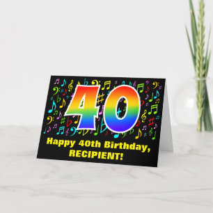 40th Birthday: Colourful Music Symbols & Rainbow 4 Card