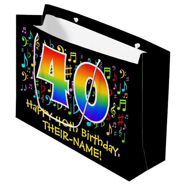 40th Birthday - Colourful Music Symbols, Rainbow 4 Large Gift Bag (Front Angled)
