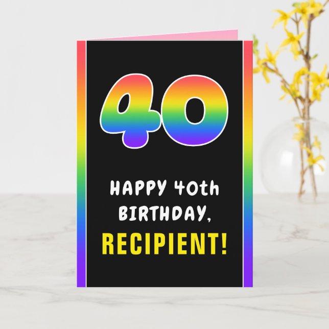 40th Birthday: Colourful Rainbow # 40, Custom Name Card (Yellow Flower)