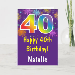 40th Birthday Colourful Rainbow Fireworks Purple Card